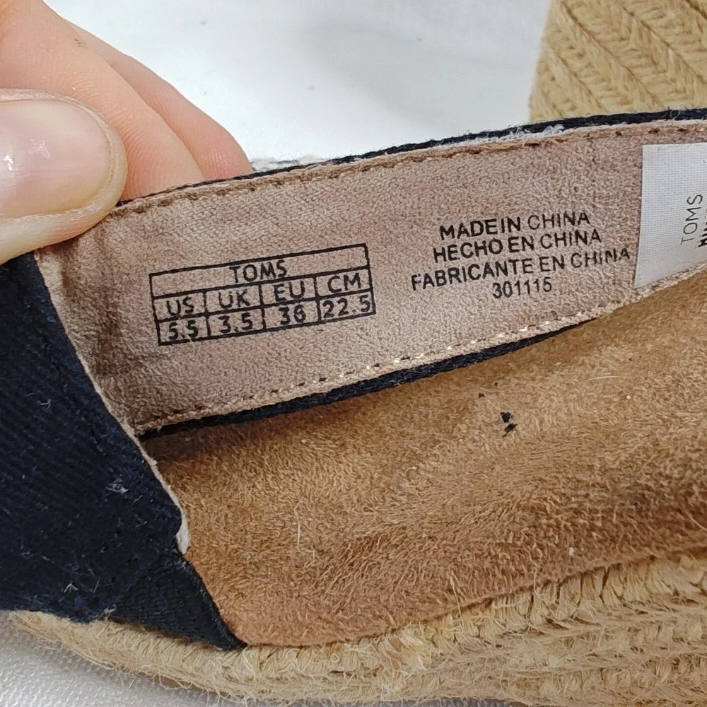 TOMS Womens Rope Clarissa Wedge Shoe  Black White Natural Sandal Espadrilles 5.5